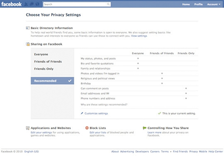 Facebook privacy controls page