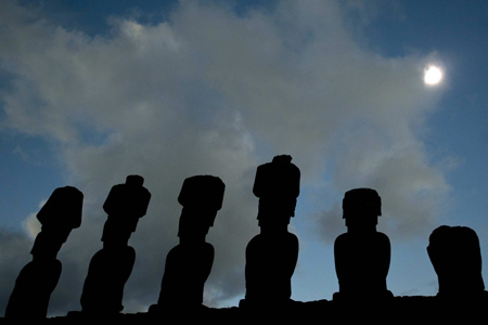 Solar eclipse over Easter Island's famous statues